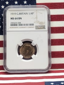 1919 Great Britain Farthing, Graded By NGC MS 64 BN