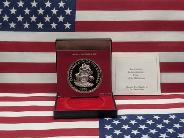 1976 Ten Dollar Proof Independence Coin Of The Bahamas In Box, Sterling Silver, 62.3 Grams, 1.85