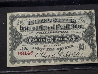 1876 U.S. International Exhibition Philadelphia Package Ticket, 50 Cents, Very Nice Condition, High