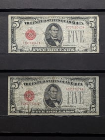 Lot of Two 1928 C Series $5.00 RED SEAL Banknotes