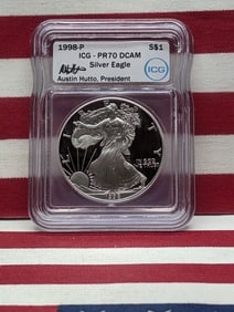 1998-P PROOF American Silver Eagle - ICG Cert. PR70 DCAM w/ ICG President Austin Hutto Signature