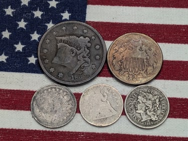 (5) Various Vintage U.S. Coins, 1835 U.S. Large Cent, 1864 Two Cent Piece, 1866 Three Cent Nickel,