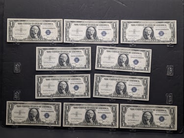 Lot of Ten Various 1935-D Series $1.00 Silver Certificates Some with Crisp Paper