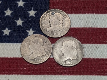 Lot of 3 Capped Bust Half Dimes, 1829 w/Hole, 1831, & 1837 Low Grade