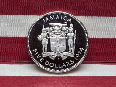 1974 PROOF Jamaica 5 Dollars 50% Silver 37.6 Grams - Norman W. Manley - Premier 1959-1962