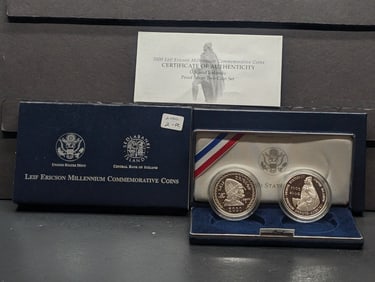 2000-P PROOF Leif Ericson Millennium Commemorative 2-Coin 90% Silver Dollars Set in OGP w/ COA