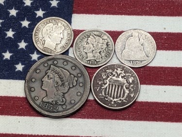 (5) Various Vintage U.S. Coins, 1852 U.S. Large Cent, 1865 Three Cent Nickel, 1867 Shield Nickel,