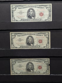 Lot of Three 1963 Series $5.00 RED SEAL Banknotes Including One Star Note