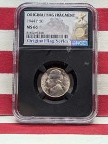 1944-P Jefferson 35% Silver War Time Nickel - NGC MS66 w/ Original Bag Fragment