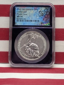 1 Oz. .9999 FINE SILVER 2022 Germania 5 Mark Linden Leaf - NGC MS70 *Private Issue*