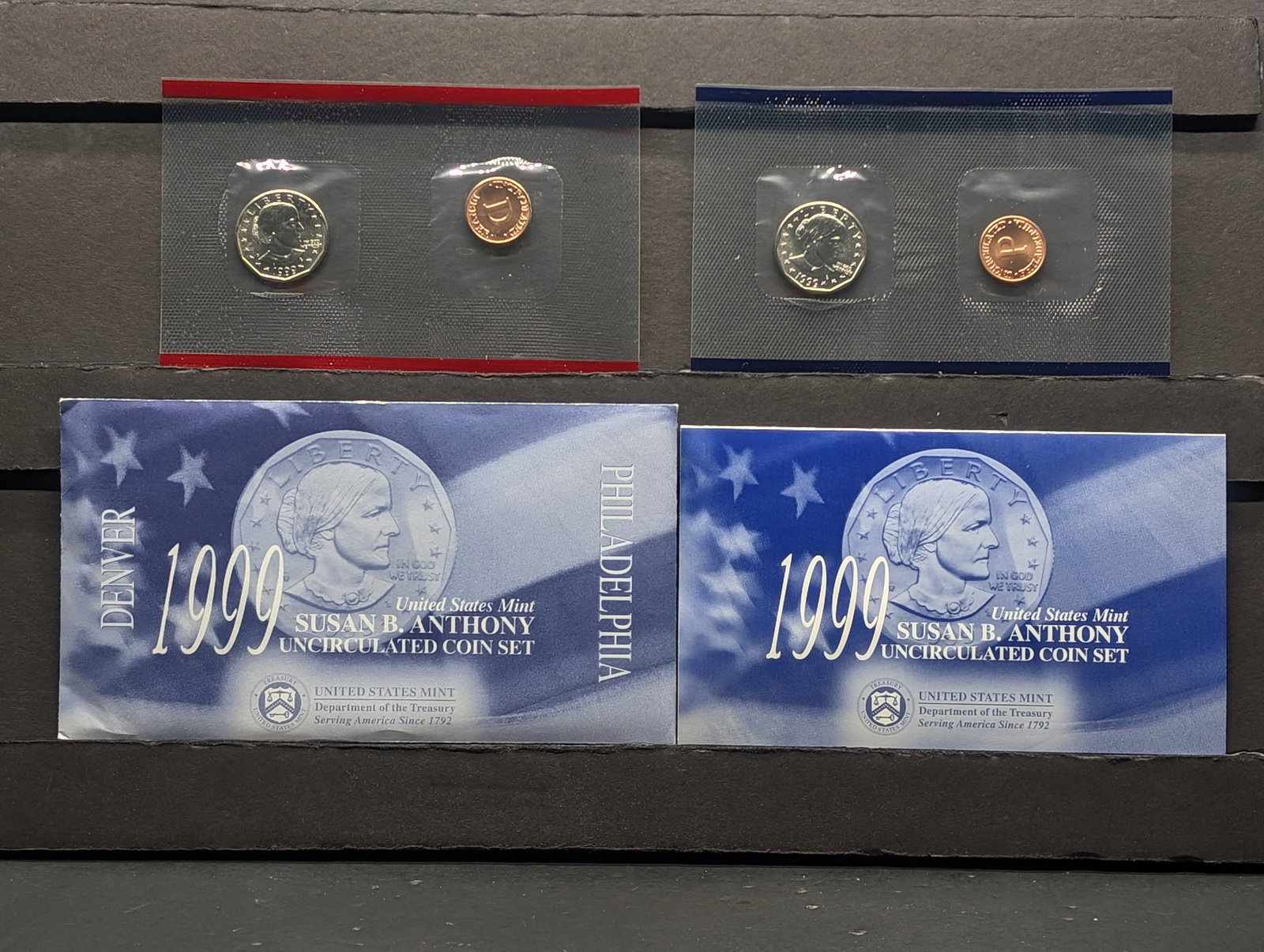 1999 Denver & Philadelphia Mint Susan B. Anthony Dollar Uncirculated Coin Set in OGP (1 of 6)