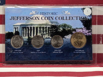 Historic Jefferson Coin Collection, 2007 Presidential Dollar, 2000-P, 2005-D, & 2006-D Jefferson: Historic Jefferson Coin Collection, 2007 Presidential Dollar, 2000-P, 2005-D, & 2006-D Jefferson Nickels