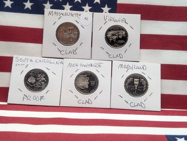 (5) 2000-S Proof State Quarters, Massachusetts, Virginia, South Carolina, New Hampshire & Maryland