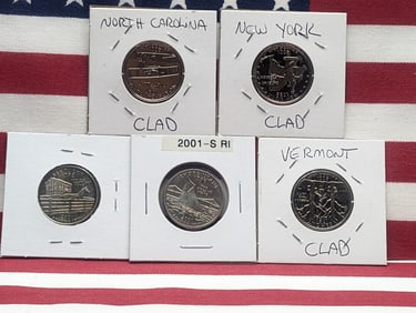 (5) 2001-S Proof State Quarters, Kentucky, New York, North Carolina, Rhode Island & Vermont.