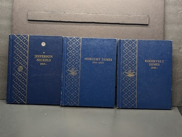 3-Empty Coin Books, Jefferson Nickels 1965, Mercury Dimes 1916, Roosevelt 1946
