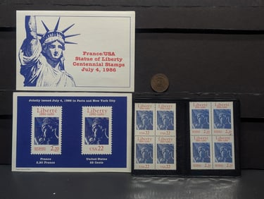 1986 USA & France Statue of Liberty Centennial Stamp Blocks with Token