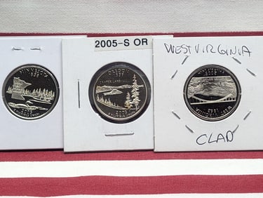 (5) 2005-S Proof State Quarters, California, Kansas, Minnesota, Oregon & West Virginia.
