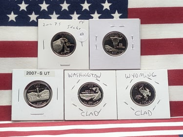 (5) 2007-S Proof State Quarters, Idaho, Montana, Utah, Washington& Wyoming.