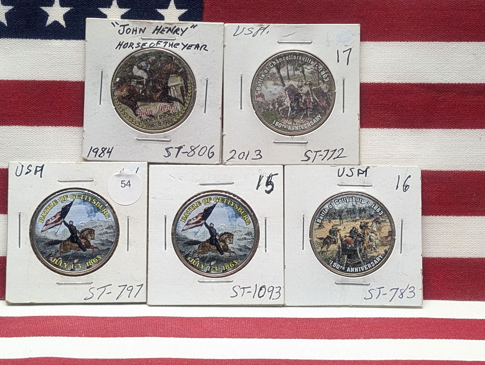 (5) Colorized Kennedy Half Dollars, (2) Battle Of Gettysburg, Battle Of Gettysburg 150th Anniv.,: (5) Colorized Kennedy Half Dollars, (2) Battle Of Gettysburg, Battle Of Gettysburg 150th Anniv., Battle Of Chancellorsville & "John Henry" Horse Of The Year.