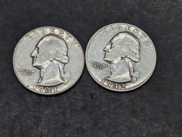1941 and 1942 S 90% Silver, WWII Era, Washington Quarters, Over 80 Years Old