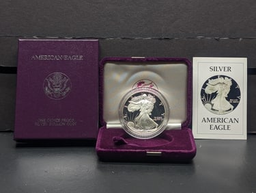 1986 -S American Silver Eagle, .999 Silver 1 T. Oz. In OGP With COA, Key Date First Year