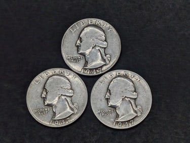 1947 P,D, & D-High Grades WWII ERA, 90% Silver, Washington Quarters, 78 Years Old