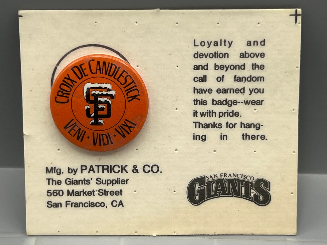 1980s Era San Francisco Giants Baseball Patrick & Co. Fan Loyalty Croix De Candlestick Pin: 1980s Era San Francisco Giants Baseball Patrick & Co. Fan Loyalty Croix De Candlestick Pin