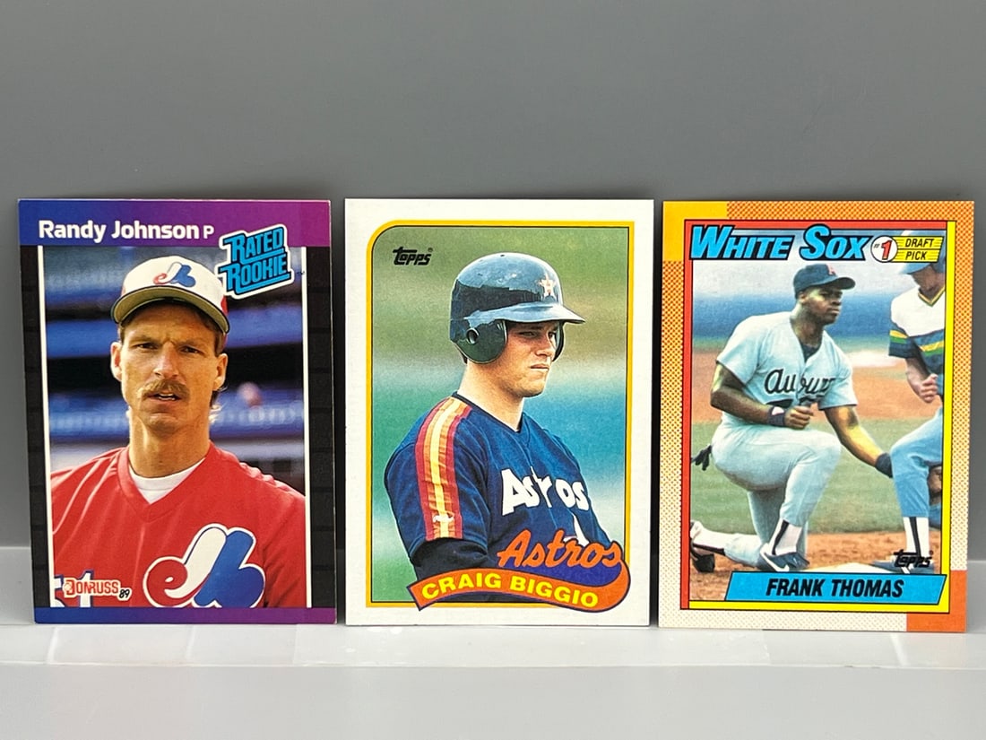 1989 Donruss Randy Johnson RC #42, 1989 Topps Craig Biggio RC #49, & 1990 Topps Frank Thomas RC #414 (1 of 2)