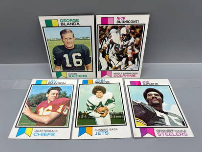 Lot of (5) 1973 Topps Football Star Player Cards - Varying Conditions - George Blanda, Len Dawson,: Lot of (5) 1973 Topps Football Star Player Cards - Varying Conditions - George Blanda, Len Dawson, Mean Joe Greene