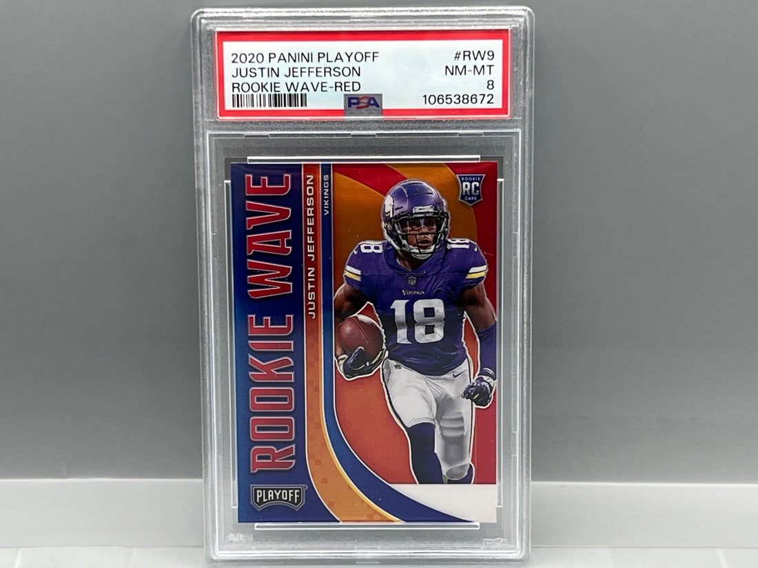 2020 Panini Playoff Justin Jefferson Rookie Wave Red #RW9 PSA NM-MT 8 (1 of 2)