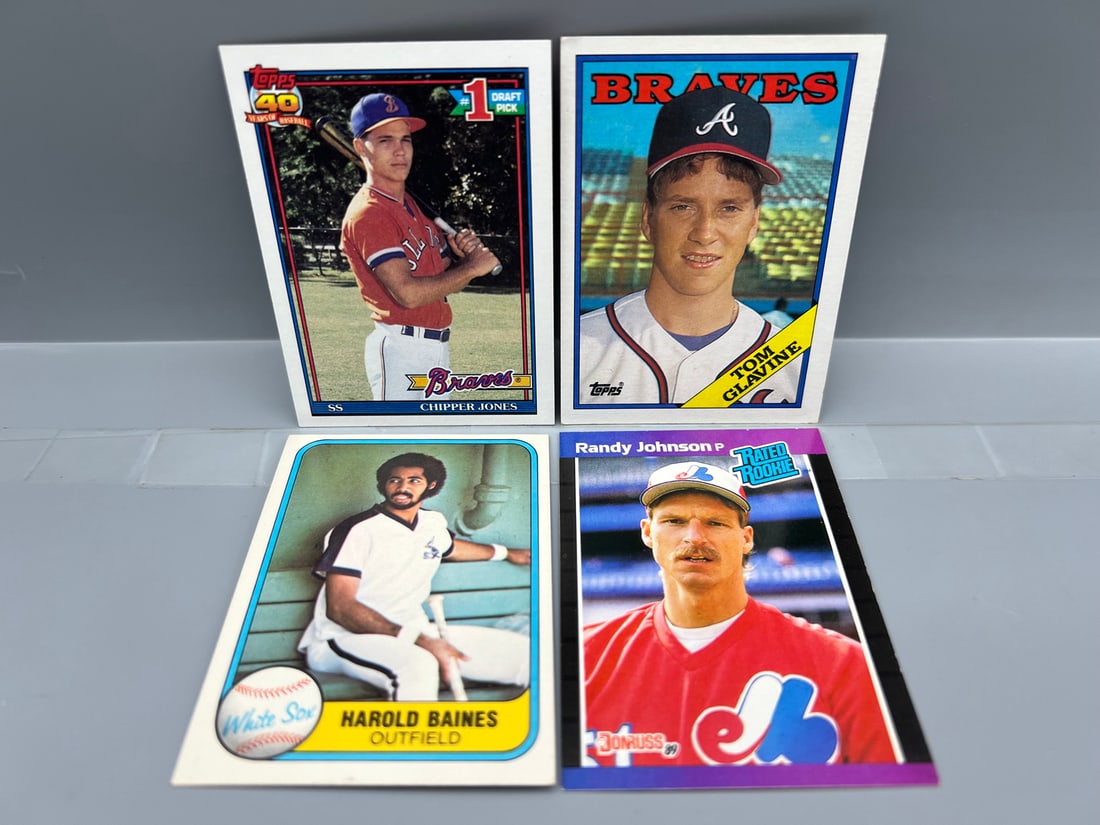 Lot of (4) 1980s & 90s Baseball Star Player Rookie Cards - Varying Conditions - Chipper Jones, Tom (1 of 2)