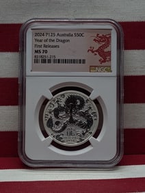 1/2 Oz. .9999 SILVER 2024 Australia 50 Cents Year of the Dragon Coin - NGC MS70 *First Release*