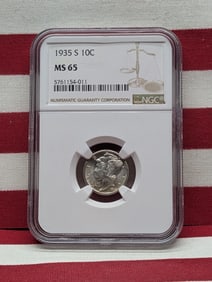1935-S Mercury Silver Dime - NGC MS65