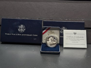 1991-1995-W PROOF WWII 50th Anniv. Commemorative 90% Silver Dollar in OGP w/ COA
