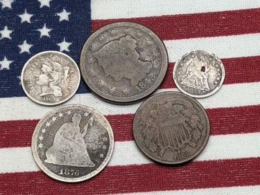 5 Vintage U.S. Coins - 1843 U.S. Large Cent, 1869 Three Cent Nickel, 1876 Seated Liberty Quarter,