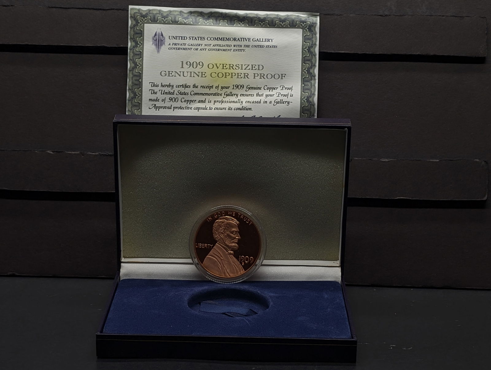 Oversized 1909-S VDB PROOF Lincoln Wheat Cent Designed SOLID COPPER Round in Display Box w/ COA (1 of 5)