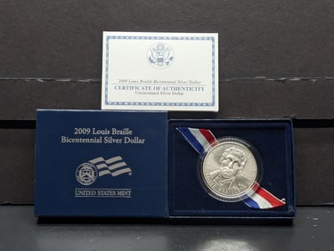 2009-P UNC Louis Braille Bicentennial Commemorative Silver Dollar in OGP w/ COA
