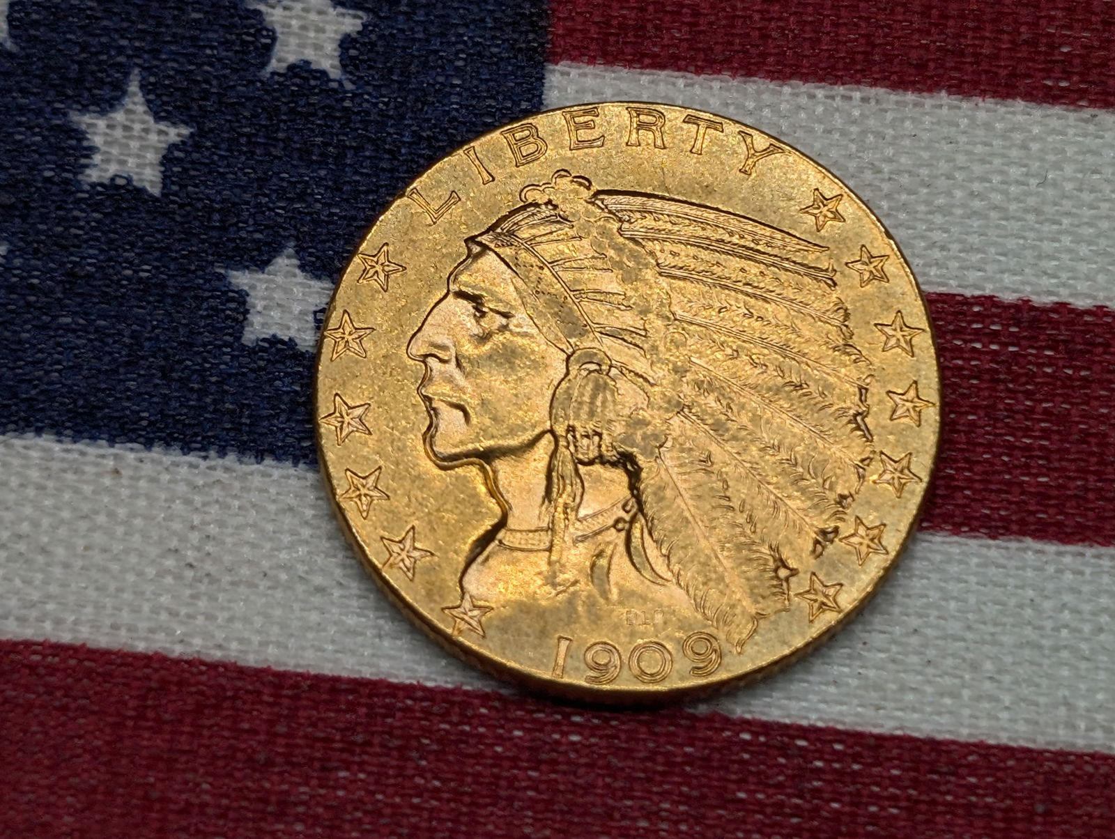 **AU/UNC** 1909-D Indian Head $5.00  GOLD Half Eagle, 90% (1 of 2)