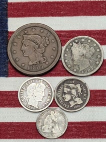 5 Vintage U.S. Coins - 1850 U.S. Large Cent, 1883 w/Cents V Nickel, 1868 Three Cent Nickel, 1872