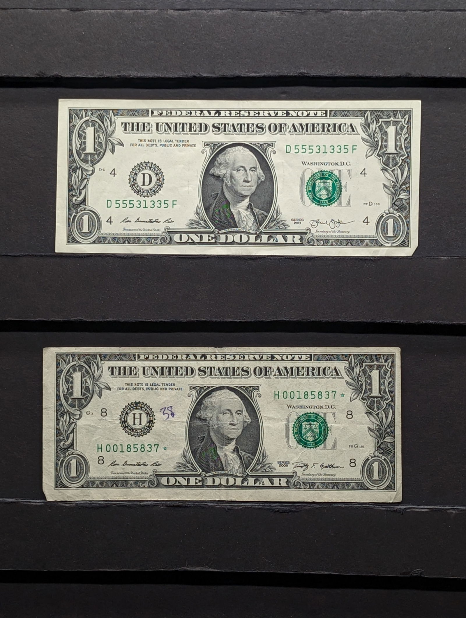 One 2009 Star Note w/Lower S.N. & One  2013 Series $1.00 Federal Reserve Note w/ Trinary Serial (1 of 6)