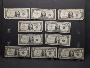 Lot of Ten 1935-E Series $1.00 Silver Certificates - One Trinary Note Included