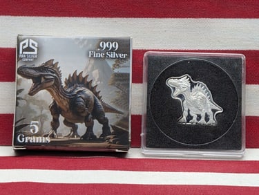 5 Grams .999 SILVER Tyrannosaurus Rex Designed Bullion in Display Case - Limited Mintage