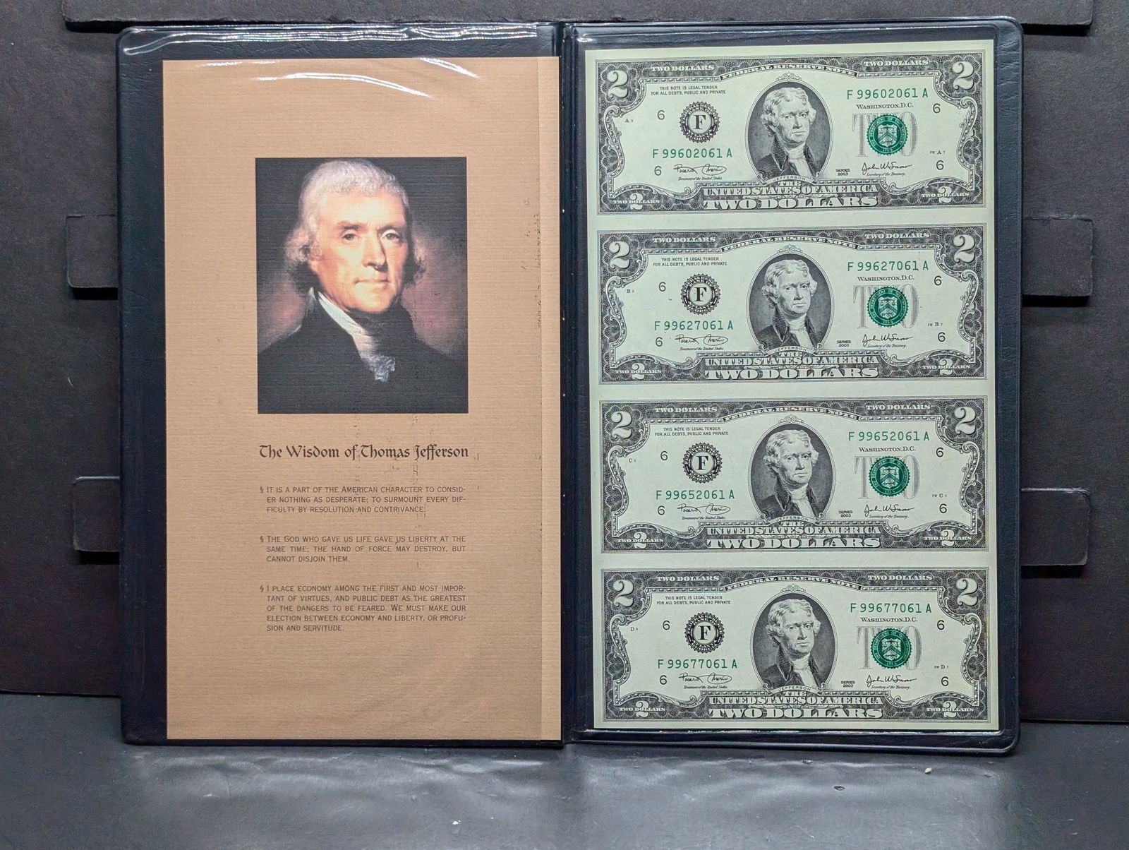 Uncut Sheet of Four 2003 Series $2.00 Federal Reserve Notes w/High S.N.'s in Display Book - The (1 of 8)