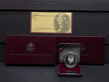 1993-S PROOF Thomas Jefferson 250th Anniv. Commemorative Silver Dollar in OGP w/ COA