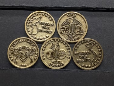 Lot of 5 Proud to Have Served - Lest we Forget Various War Commemorative Tokens