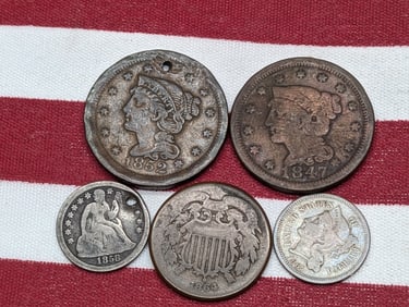 5 Vintage U.S. Coins, 1865 Three Cent Nickel, 1864 Two Cent, & 1858-O w/Hole1852 Modified Reverse