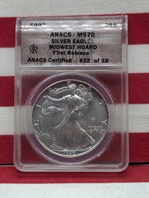 1992 American Silver Eagle .999 Fine Silver 1 Troy Oz. - ANACS Cert. MS70 *First Release - MIDWEST