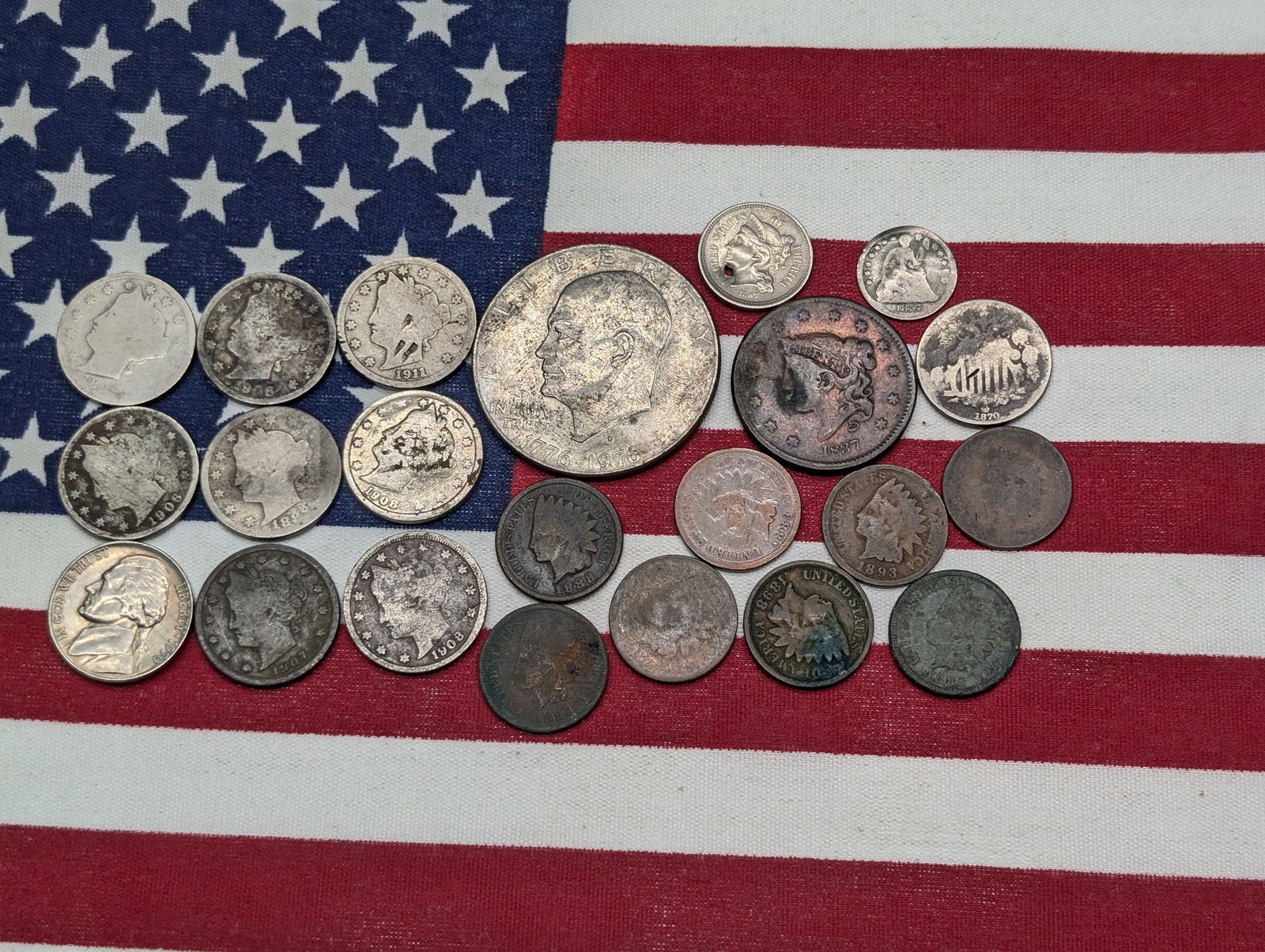 22 Various Vintage U.S. Coins Includes (1) Ike Dollar, (1) Large Cent, (1) 1857 Half Dime,  (1) 1870 (1 of 5)