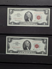 Lot of Two 1963 Series $2.00 RED SEAL Banknotes **AU - CRISP PAPER**