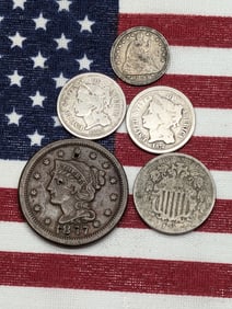 5 Vintage U.S. Coins - (1) 1847 U.S. Large cent, 1868 Shield Nickel, 1868 & 1872 U.S. Three Cents